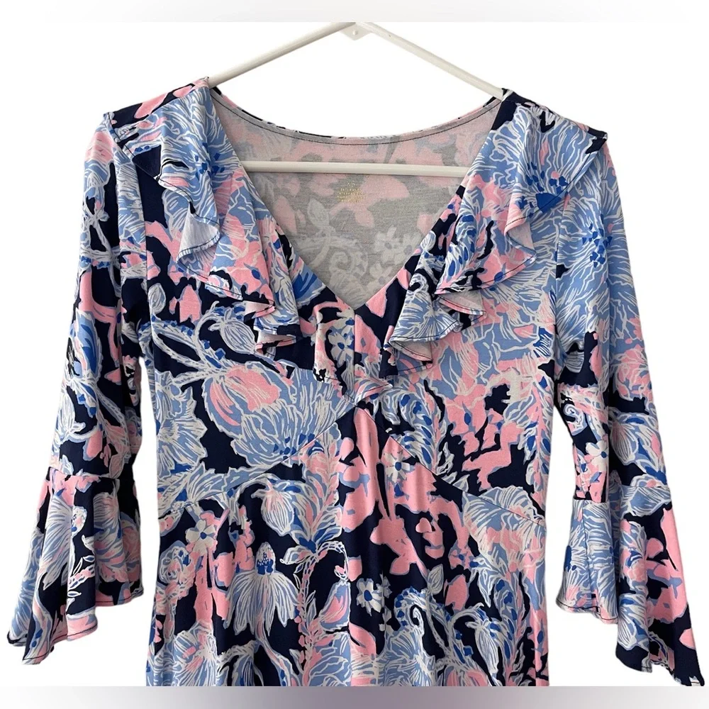 🌸 Lilly Pulitzer Stirling Ruffle Dress 3/4 Bell Sleeve, Bright Navy Amore Please - Picture 5 of 14